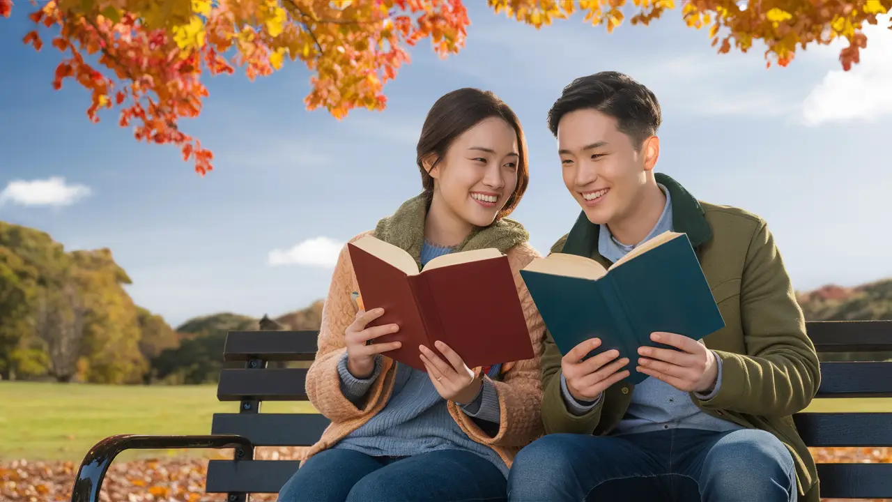 Casal sentado em banco de parque com livros abertos e sorrindo, cercado por folhas de outono coloridas e céu azul claro.