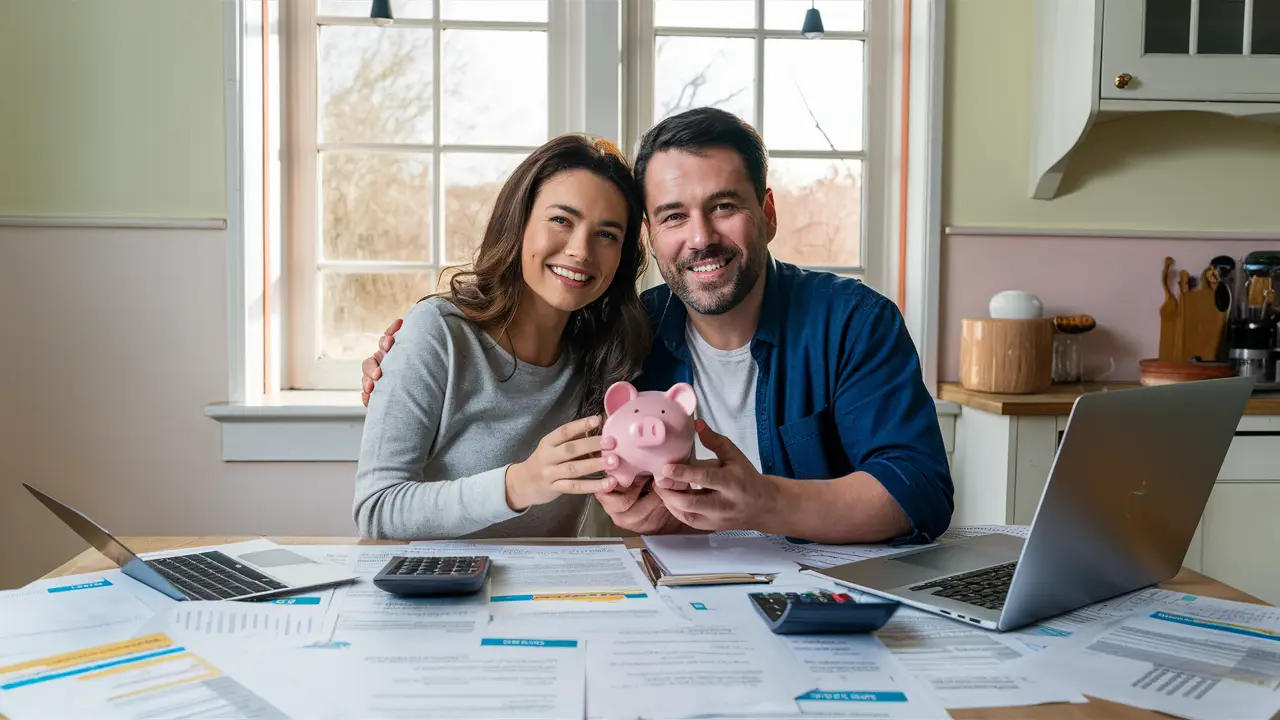 Casal sentado à mesa com documentos financeiros e cofrinho, sorrindo e colaborando sob luz natural.