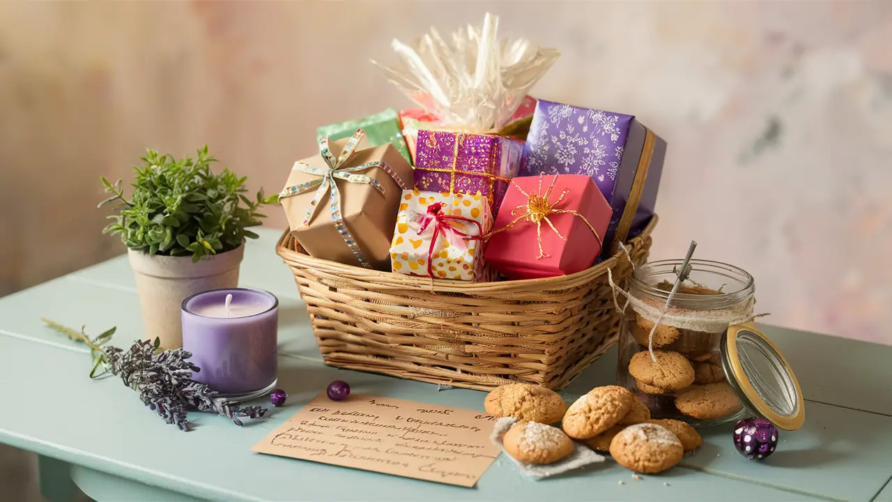 Cesta de presentes com velas, plantas e biscoitos em mesa de madeira.